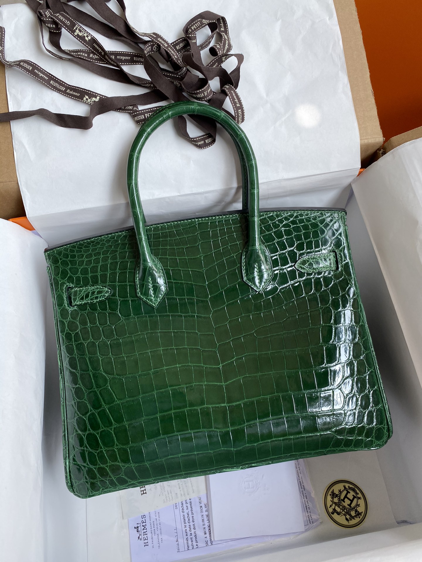 Hermes Birkin 30CM Handmade Bag In Green Crocodile Niloticus Shiny Skin